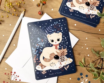 Christmas card, Winter card, Greeting cards, Ermine postcard, Kawaii Christmas cards, Christmas greeting cards, Christmas gift