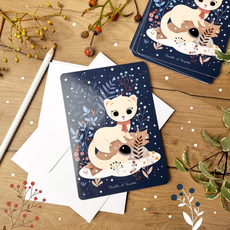 Cartolina di Natale, Cartolina invernale, Cartolina d'auguri, Cartolina Ermine, Cartoline di Natale Kawaii, Cartoline d'auguri di Natale, Regalo di Natale immagine 1