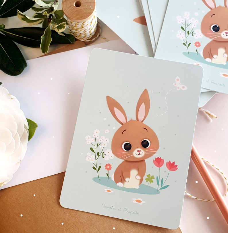 Carte lapin, Carte printemps , Cartes de vœux, Cartes Pâques, Carte postale lapin, Cartes printemps kawaii, Cartes de vœux Pâques, Lapin image 3