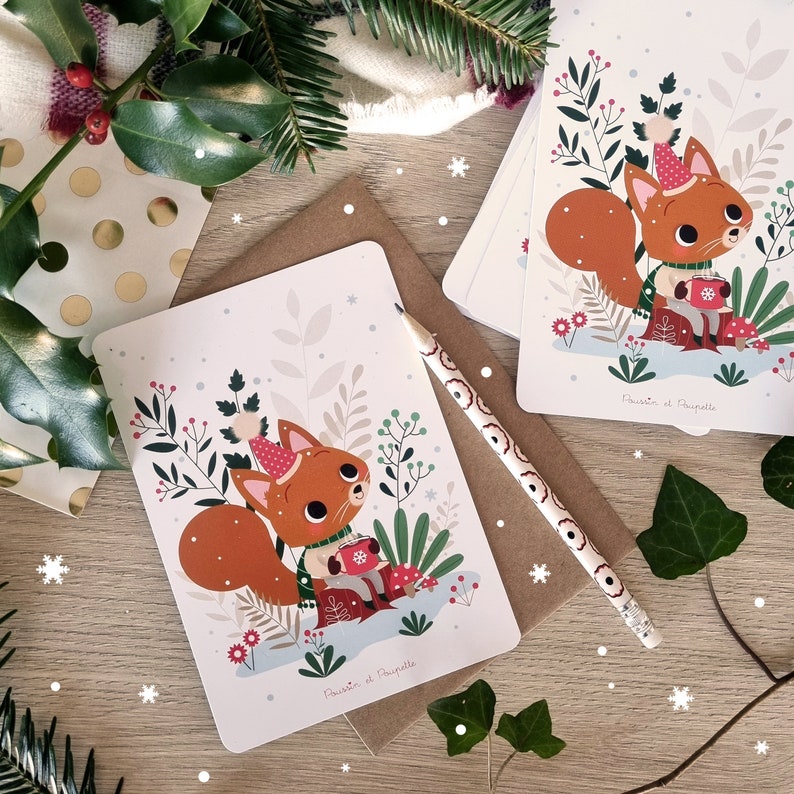 Cartolina di Natale, Cartolina di Buon Natale, Biglietti di auguri, Cartolina di scoiattolo, Cartoline di Natale kawaii, Cartoline di auguri di Natale, Renna, Regalo di Natale immagine 2