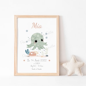 Poster nascita, poster Octopus, poster baby room, poster personalizzabile, tartaruga, poster bambino, poster baby room