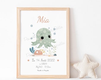 Birth poster, Octopus poster, Baby room poster, Customizable poster, turtle, Child poster, Baby room poster