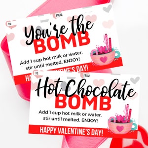 Tarjetas de bomba de chocolate caliente del día de San Valentín - Etiquetas de regalo de bomba de chocolate caliente imprimibles del día de San Valentín