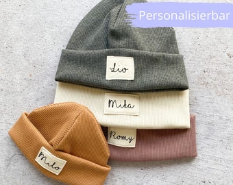 Beanie Mütze personalisiert, individuell bedruckt mit Namen, Mütze für Babies, Kinder & Erwachsene als Babygeschenk aus Baumwolle