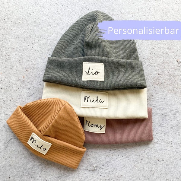 Beanie Mütze personalisiert, individuell bedruckt mit Namen, Mütze für Babies, Kinder & Erwachsene als Babygeschenk aus Baumwolle