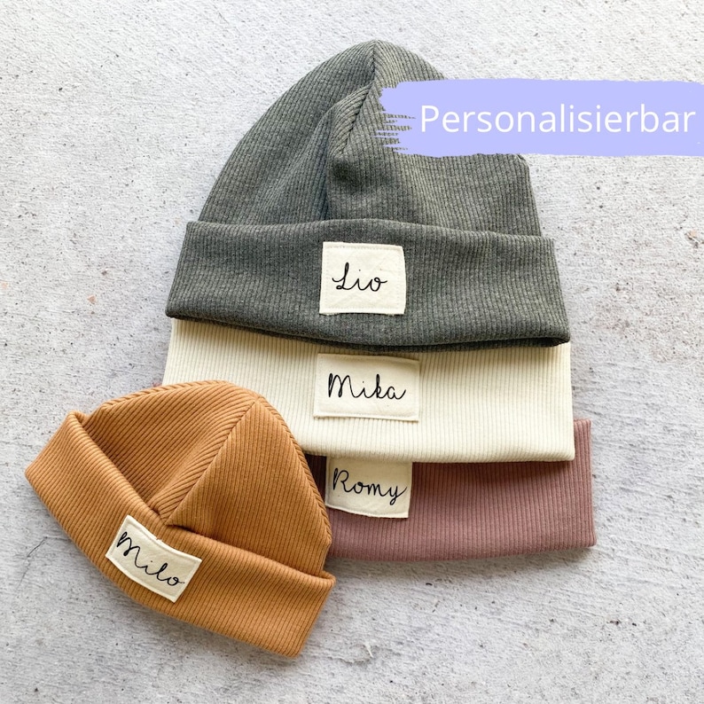 Beanie Mütze personalisiert, individuell bedruckt mit Namen, Mütze für Babies, Kinder & Erwachsene als Babygeschenk aus Baumwolle Bild 1