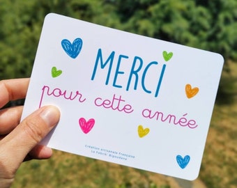 Carte de remerciement pour maîtresse, maître, nounou, atsem pour la fin de l'année. Cadeau maîtresse et nounou