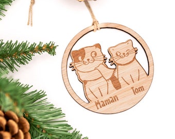 Boule de noël personnalisé, Famille chats à 2, boule de noël en bois personnalisable, ornement de Noël, déco sapin