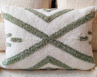 Sage Green Off White Hand Embroidery Cotton & Wool Tufted Textured Cushion Cover 12x20, 14x20 Decorative Tassel Boho Throw Pillow Cover