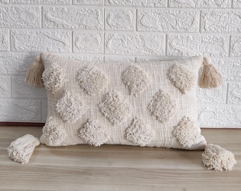 Funda de almohada texturizada Boho con mechones de algodón marfil blanco natural blanco / 12x20 / 14x20 / 14x24 / 16x24 Funda de almohada de tiro decorativo