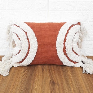 Terracotta & Ivory Color Tufted Boho Textured Pillow Case With Tassels Cotton Cushion Cover | 14x20 Lumber Pillow Cover | Throw Pillow
