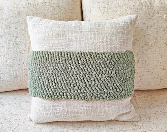 Cotton Hand Embroidered Ivory & Sage Green Boho Cushion Cover Tufted Textured Pillow Case | 16x16, 18x18, 20x20, 24x24 Throw Pillow Cover