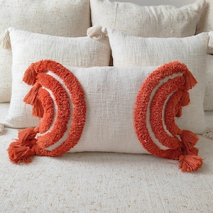 Orange & Off White Tufted Boho Textured Pillow Cover With Tassels Cotton Cushion Cover | 12x20, 14x20 Lumber Pillow Case