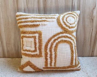 Mustard Yellow Natural White (Beige) Cotton embroidered Tufted Boho Textured throw Pillow Cover | 18x18, 20x20, 22x22 Inches cushion Cover