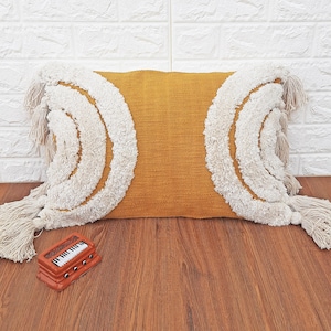 Mustard Yellow & Ivory Off White Cream Tufted Boho Textured Pillow Case With Tassels Cotton Cushion Cover | 12x20, 14x20 Lumber Pillow Cover