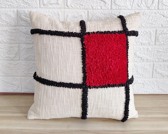 Red & Black , Ivory Cotton Fabric Embroidered Tufted Cushion Cover Boho Textured Pillow Case 18x18, 20x20, 22x22, 24x24 Throw Pillow Cover