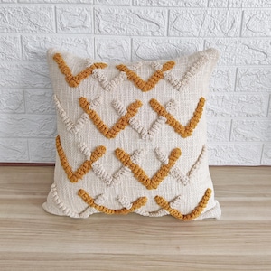 Ivory  & Mustard Yellow Cotton Cushion Cover Tufted Boho Textured Pillow Case | 18x18, 20x20, 22x22, 24x24 Throw Pillow Cover