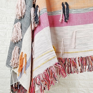 Pink Throw Blanket Boho Throws Cotton Hand Loom Woven Striped textured Fringe Throw Blanket