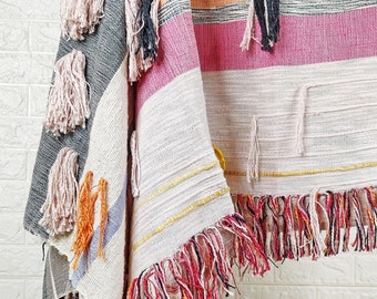 Pink Throw Blanket Boho Throws Cotton Hand Loom Woven Striped textured Fringe Throw Blanket