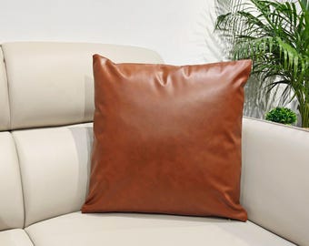 Brown Vegan Leather Cushion Cover With Brass Zipper Neutral Farmhouse Decor Reversible Pillow Case
