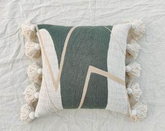 Dark Sage Green & Cream Hand Embroidery Raw Cotton Fabric Textured Cushion Cover Decorative Tassel Pillow Cover Boho Throw Pillow Cover