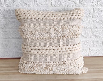 Natural White Ivory Cotton Hand Woven Ivory 18x18 Boho Textured Cushion Cover Chunky Loops 45x45 Chunky Pillow Cover