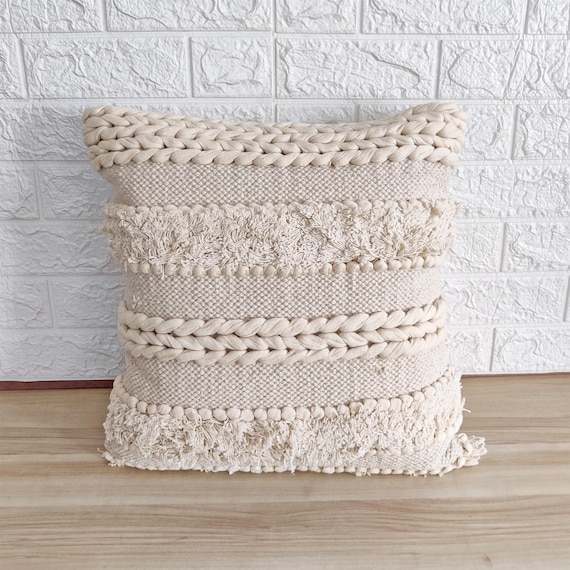 Natural White Ivory Cotton Hand Woven Ivory 18x18 Boho Textured Cushion Cover Chunky Loops 45x45 Chunky Pillow Cover