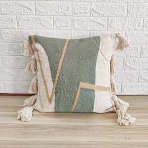 Light Green Cream & Natural White Hand Embroidery 100% Natural Raw Cotton Fabric Textured Cushion Cover Decorative Tassel Pillow Cover