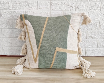 Light Green Cream & Natural White Hand Embroidery 100% Natural Raw Cotton Fabric Textured Cushion Cover Decorative Tassel Pillow Cover