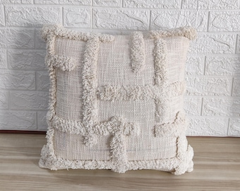 Funda de cojín de algodón crudo natural de marfil blanco, funda de almohada texturizada Boho copetuda / 18x18, 20x20, 22x22, 24x24 Throw Pillow Cover