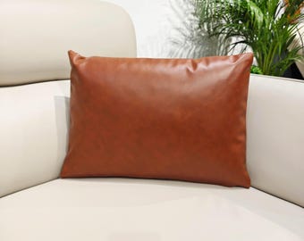 Brown Vegan Leather Cushion Cover With Brass Zipper Neutral Farmhouse Decor Reversible Pillow Case