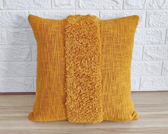 Mustard Yellow Cotton Boho Cushion Cover Tufted Textured Pillow Case | 18x18, 20x20, 22x22, 24x24 Throw Pillow Cover