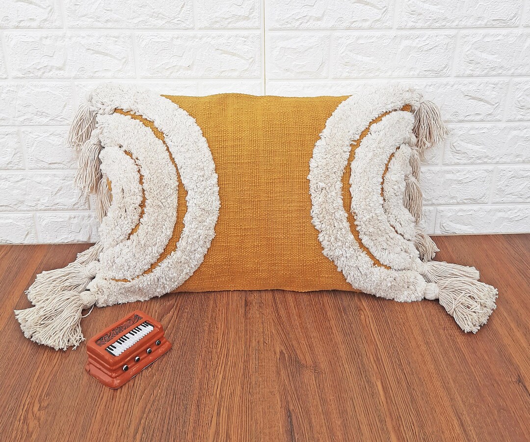 Mustard Yellow & Ivory off White Cream Tufted Boho Textured