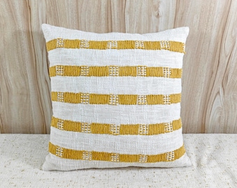 Ivory & Mustard Hand Embroidered Throw Pillow Case | 100% Cotton Boho Cushion Cover