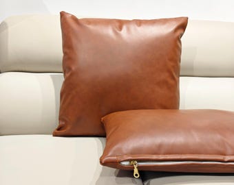 Brown Vegan Leather Cushion Cover With Brass Zipper Neutral Farmhouse Decor Reversible Pillow Case
