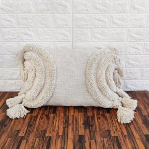 Ivory Off White Tufted Boho Textured Pillow Case With Tassels Cotton Cushion Cover | 12x20, 14x20, 16x16 Lumber Pillow Cover | Throw Pillow