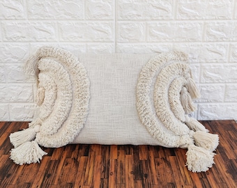 Ivory Off White Tufted Boho Textured Pillow Case With Tassels Cotton Cushion Cover | 12x20, 14x20, 16x16 Lumber Pillow Cover | Throw Pillow
