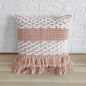 Blush Pink White Cotton Hand Woven Ivory Pillow Cover 18x18 Boho Textured Cushion Cover Fringe Pillow 45x45 Chunky Pillow Case