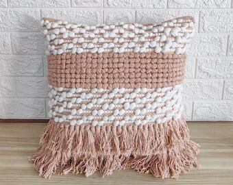 Blush Pink White Cotton Hand Woven Ivory Pillow Cover 18x18 Boho Textured Cushion Cover Fringe Pillow 45x45 Chunky Pillow Case