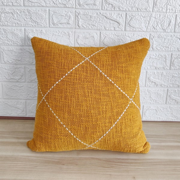 Hand Machine Stitched Hand Dyed Raw Cotton Textured Fabric Mustard Yellow Boho Cushion Cover 18x18, 20x20, 22x22, 24x24 Throw Pillow Cover