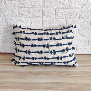 Teal Blue & Ivory Off White Cotton Embroidered Boho Textured Pillow Case | 12x20 , 14x20 , 14x24 , 16x24 Lumber Cushion Cover