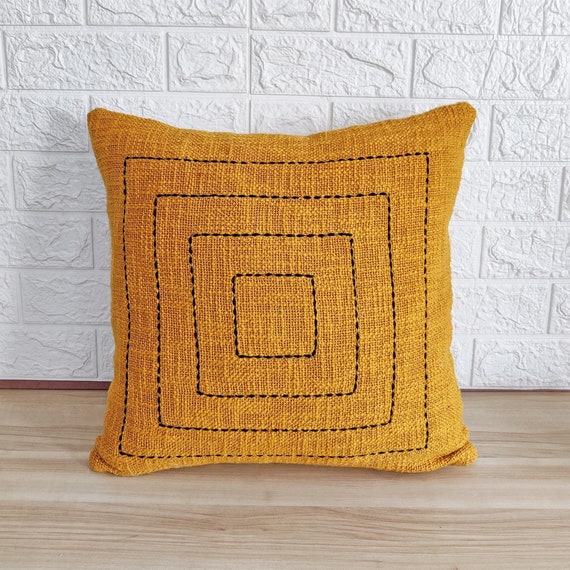 Hand Dyed Raw Cotton Textured Fabric Mustard Yellow Boho Cushion Cover Hand Machine Stitched 18x18, 20x20, 22x22, 24x24 Throw Pillow Cover