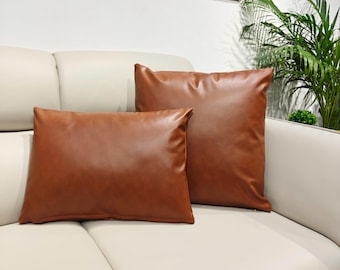 Brown Vegan Leather Cushion Cover With Brass Zipper Neutral Farmhouse Decor Reversible Pillow Case