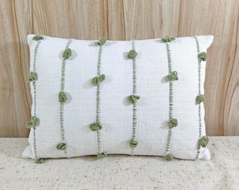 Sage Green & Off White Handloom Woven Boho Throw Pillow Case, 100% Cotton Cushion Cover