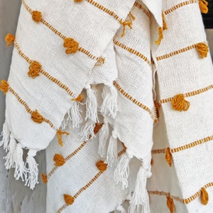 White & Mustard Yellow Handloom Woven Cotton Loops Throw Blanket Boho Throws Textured Throw Blanket