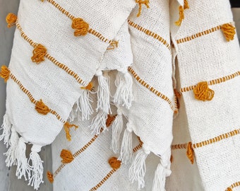 White & Mustard Yellow Handloom Woven Cotton Loops Throw Blanket Boho Throws Textured Throw Blanket