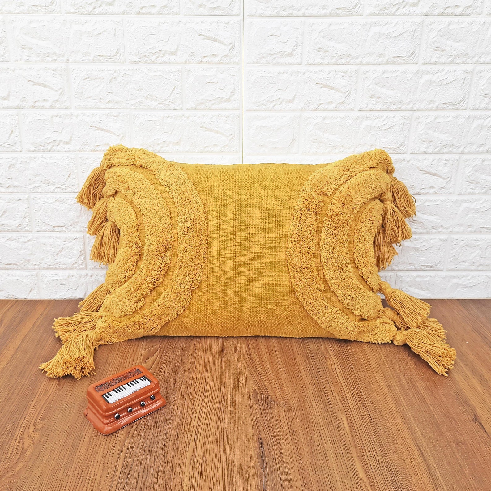 Mustard Yellow Tufted Boho Textured Pillow Case With Tassels Etsy