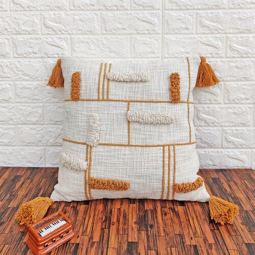 Mustard Yellow Tufted Boho Textured Pillow Case With Tassels Etsy