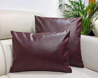 Dark Brown Vegan Leather Cushion Cover With Brass Zipper Farmhouse Decor Reversible Pillow Case