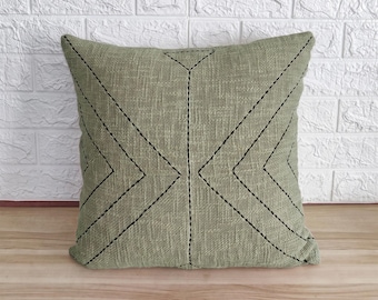 Sage Green Hand Dyed Raw Cotton Textured Fabric Boho Cushion Cover Hand Stitches 18x18, 20x20, 22x22, 24x24 Throw Pillow Cover